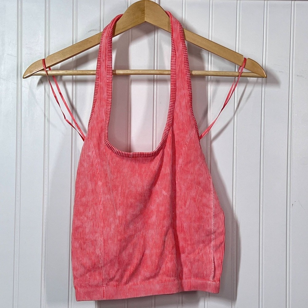 American Eagle Halter Crop Top Festival Barbiecore Pink Ribbed Seamless Bralette